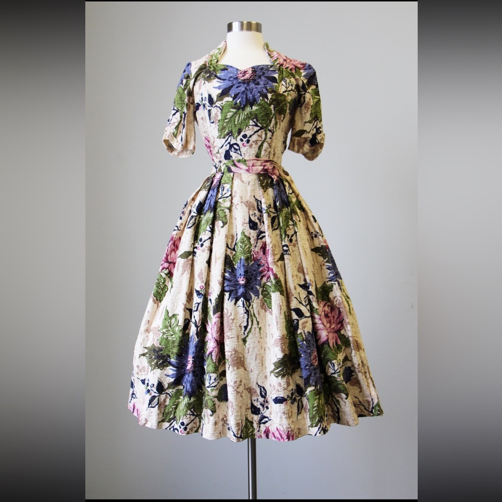 1940s- early 1950s floral peony barkcloth skirt and blouse set